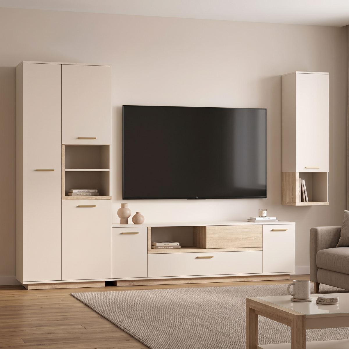 192-000072 Σύνθετο σαλονιού Norda pakoworld κρεμ με oak 187x40x58,4εκ - Image 1