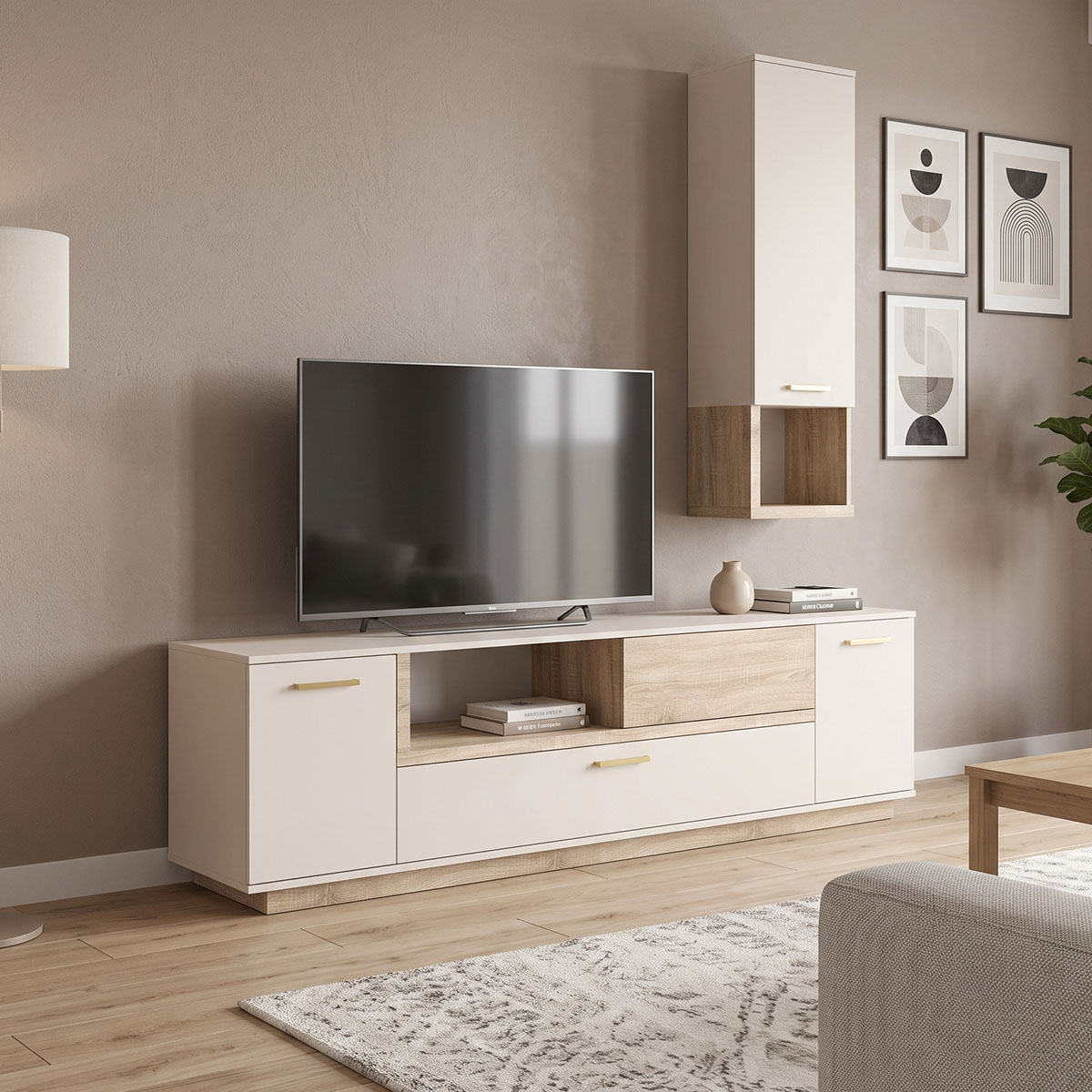 192-000076 Σύνθετο σαλονιού Norda pakoworld κρεμ με oak 187x40x58.4εκ - Image 1