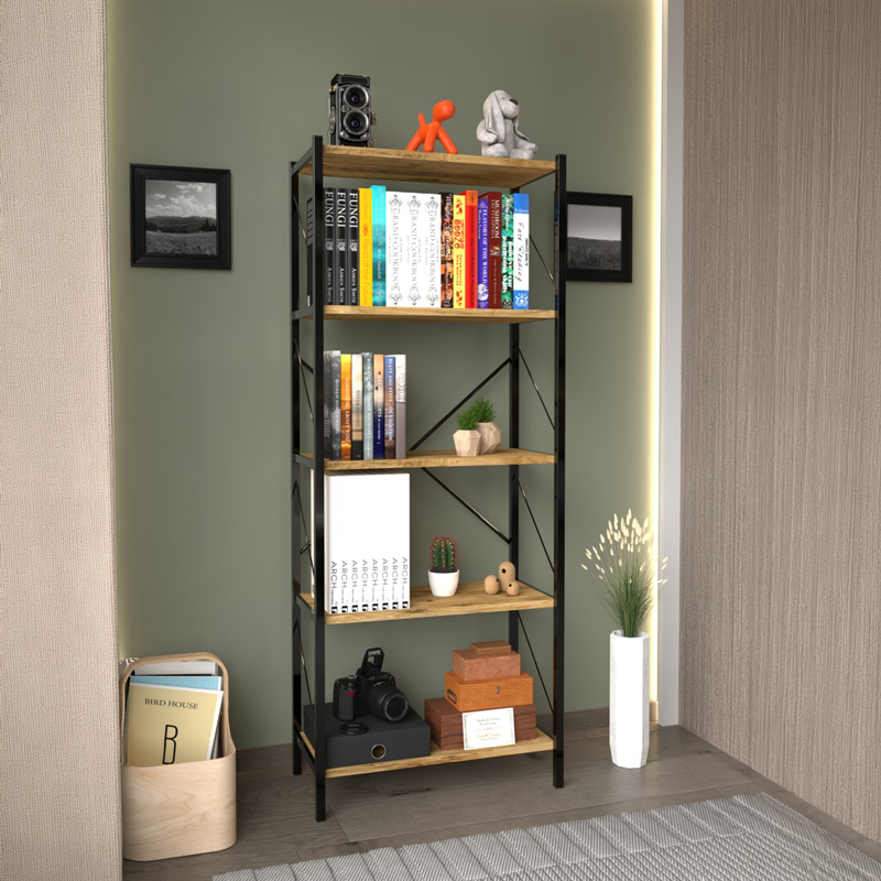 197-000334 Βιβλιοθήκη Bimblem pakoworld oak με μαύρο μέταλλο 60x30x150εκ - Image 1
