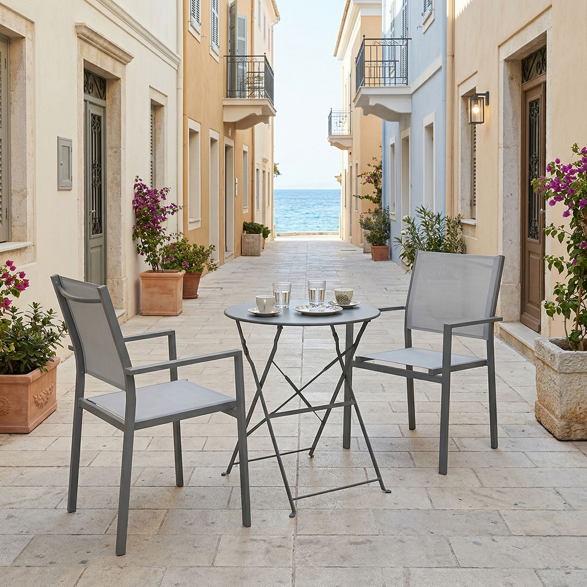 200-001675 Τραπεζαρία Bistro Confidence σετ 3τεμ pakoworld ανθρακί μέταλλο με γκρι textilene Φ60x71εκ - Image 1