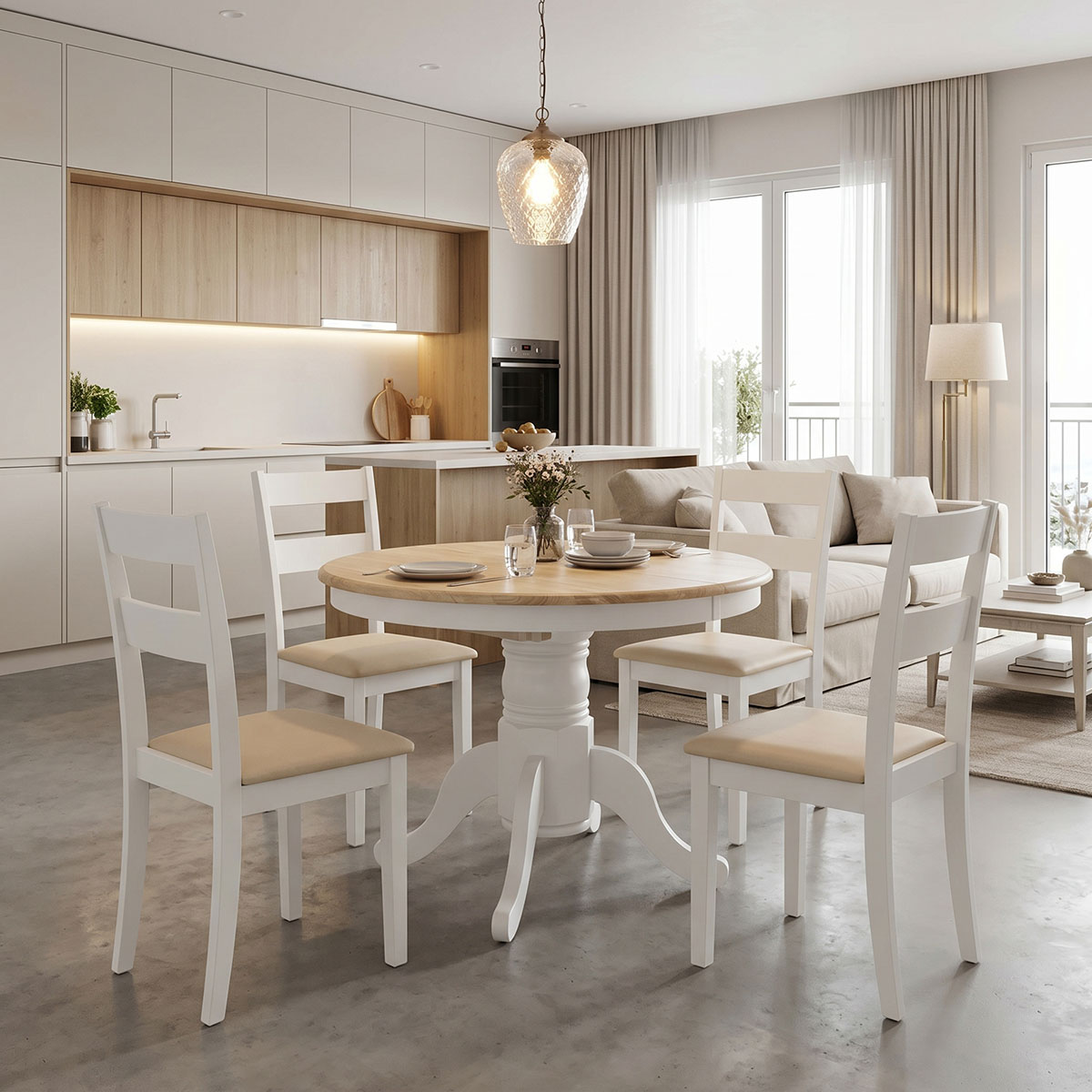 200-001709 Τραπεζαρία Dallan Lars pakoworld 5τεμ λευκό rubberwood Φ100(+38)x100x75εκ - Image 1