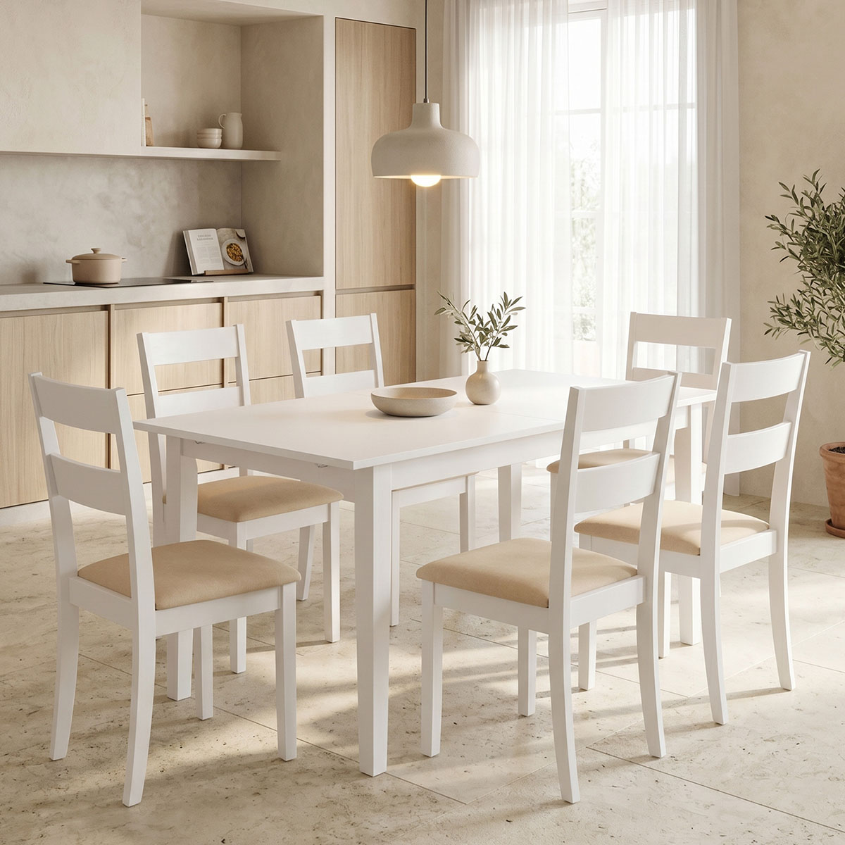 200-001714 Τραπεζαρία Dallan Mabor pakoworld 7τεμ λευκό rubberwood 120-150x80x73,8εκ - Image 1