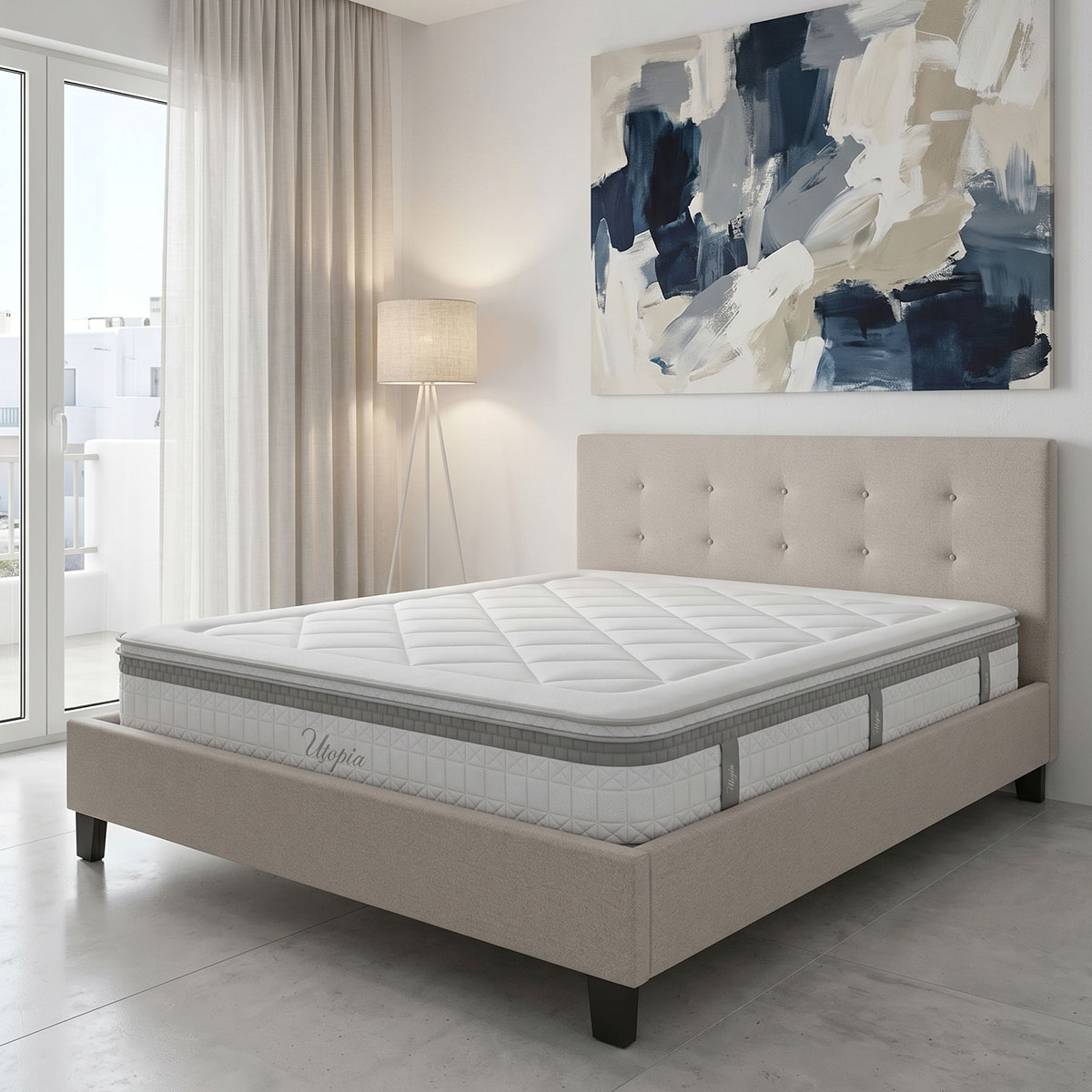 200-001749 Κρεβάτι με στρώμα Mago-Utopia pakoworld ύφασμα εκρου 150x200εκ - Image 1