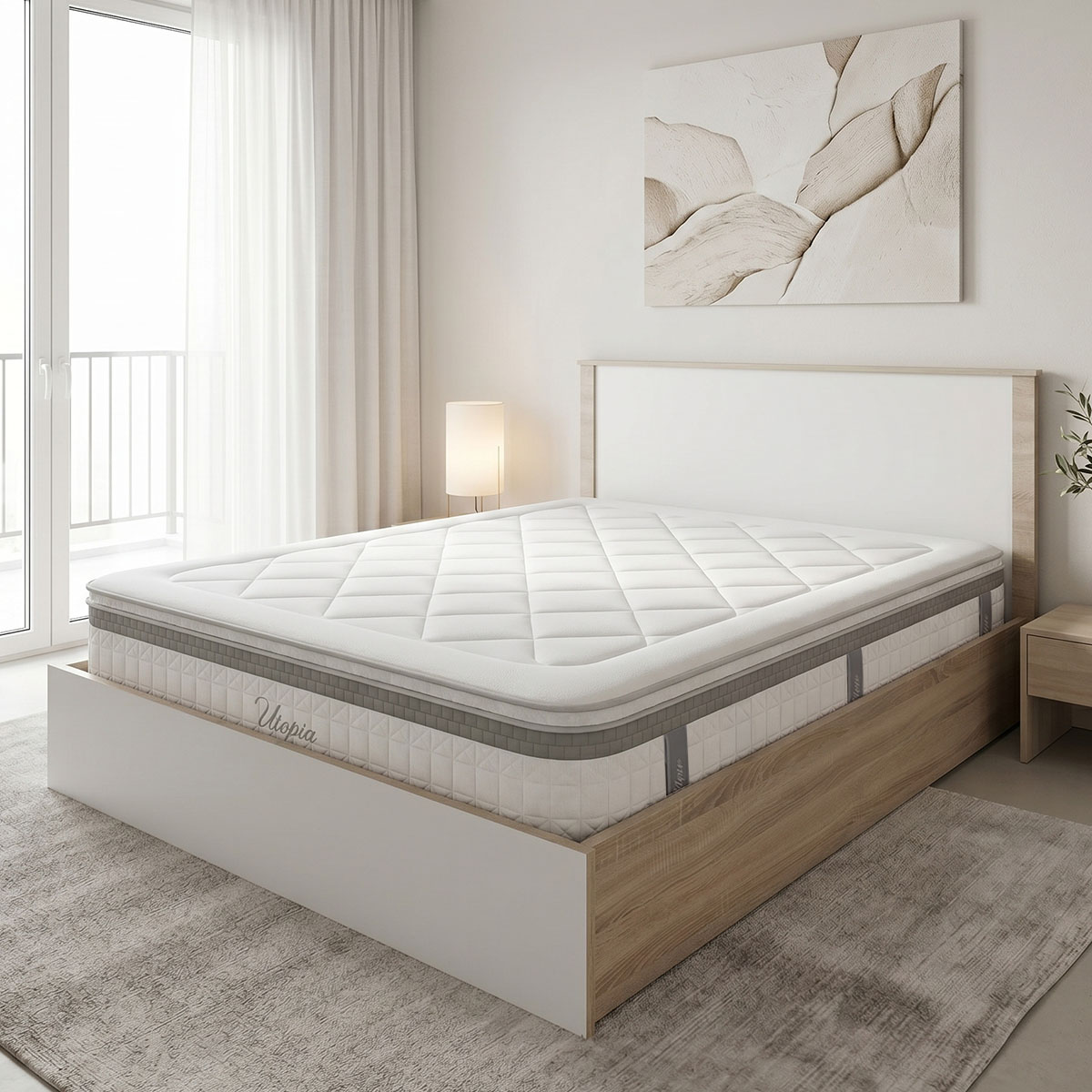 200-001874 Κρεβάτι με στρώμα Athos Utopia pakoworld sonoma και λευκό 160x200εκ - Image 1