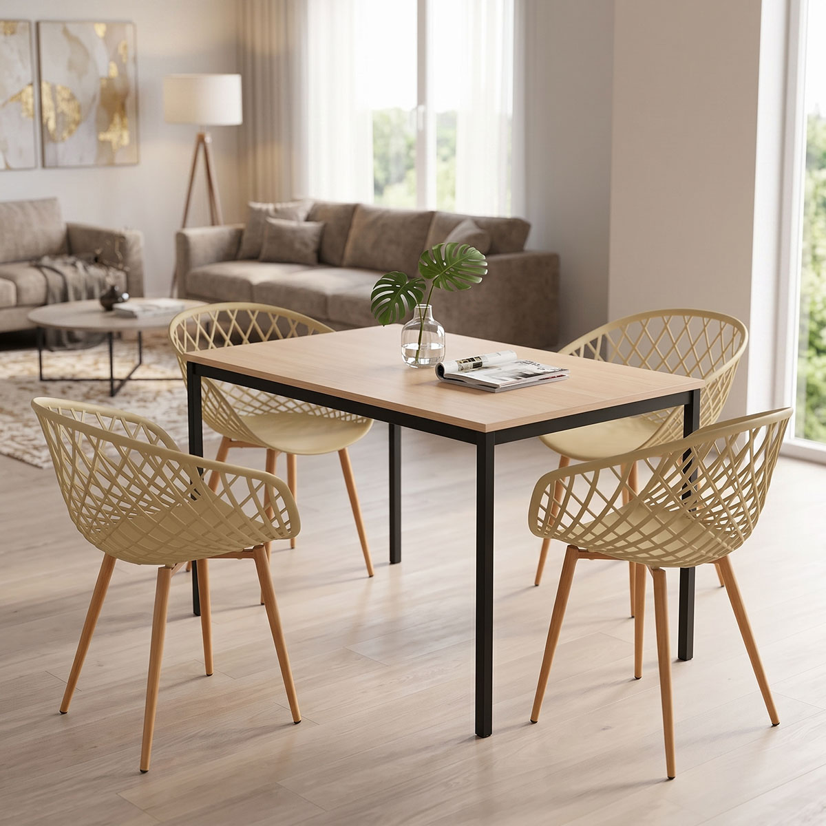 200-001892 Τραπεζαρία με Πολυθρόνες Ezra cappuccino και Τραπέζι Faragio μαύρο με φυσική απόχρωση 120x75x75εκ Σετ 5τεμ - Image 1