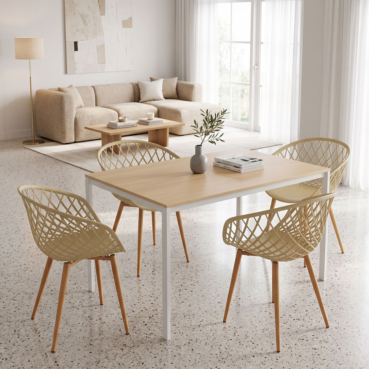 200-001902 Τραπεζαρία με Πολυθρόνες Ezra cappuccino και Τραπέζι Faragio λευκό με φυσική απόχρωση 120x75x75εκ Σετ 5τεμ - Image 1
