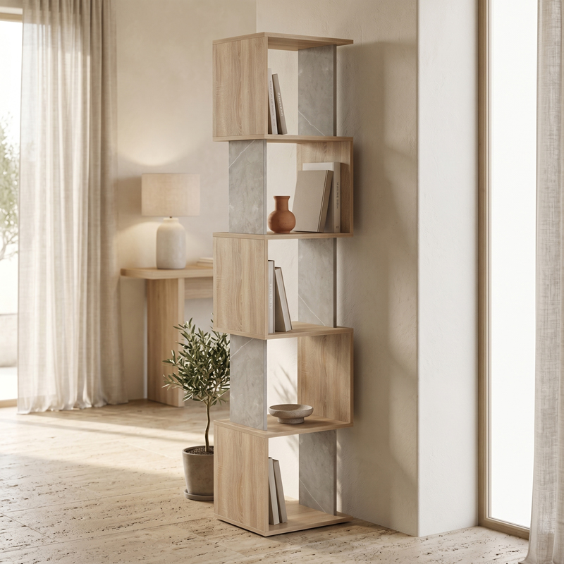 230-000174 Βιβλιοθήκη Cubik pakoworld sonoma- γκρι μπεζ οψη μαρμάρου 35x30x161εκ - Image 1