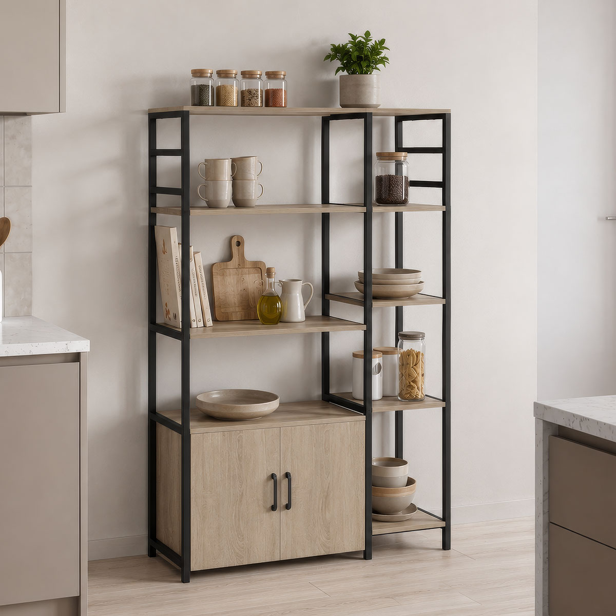 230-000271 Επιδαπέδια ραφιέρα Ranea pakoworld sonoma-μαύρο 85x32x150εκ - Image 1