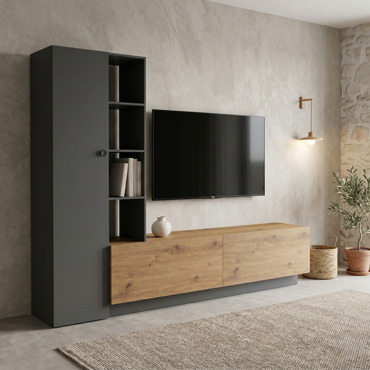 230-000276 Σύνθετο σαλονιού Tilveo pakoworld oak-ανθρακί 230x41.5x180εκ - Image 1