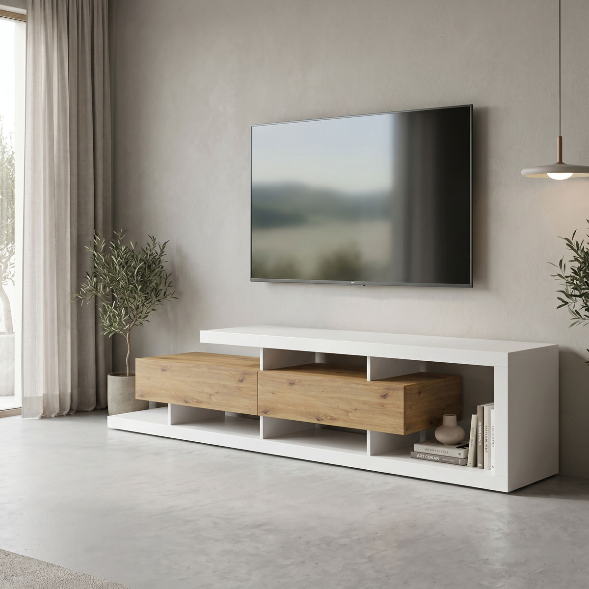 230-000280 Έπιπλο τηλεόρασης Arbero pakoworld λευκό-oak 198x40x45εκ - Image 1
