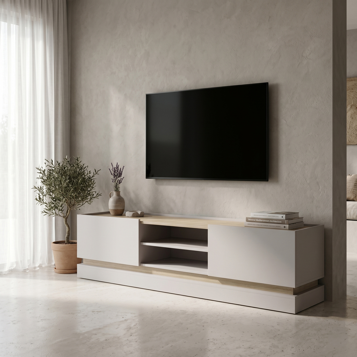 230-000282 Έπιπλο τηλεόρασης Wendo pakoworld taupe-sonoma 200x37x47εκ - Image 1