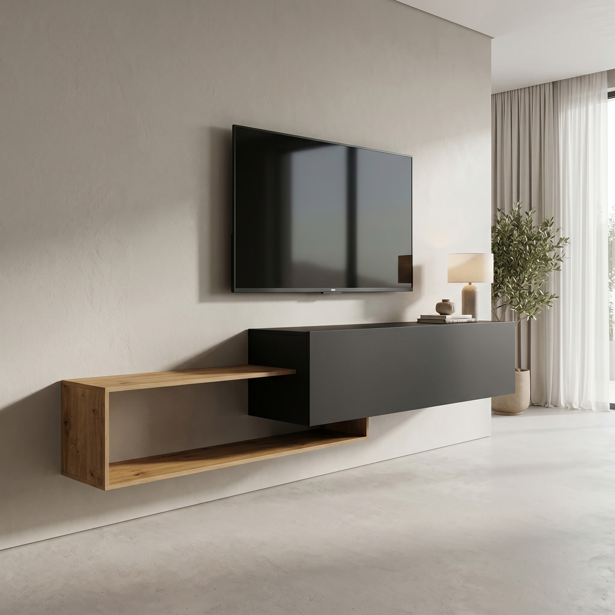 230-000284 Έπιπλο τηλεόρασης επιτοίχιο Olande pakoworld oak-μαύρο 210x35x48εκ - Image 1