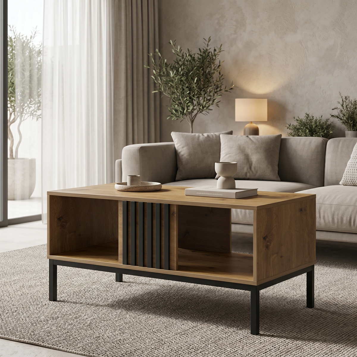 230-000291 Τραπέζι σαλονιού Delanka pakoworld oak-μαύρο 92x50x46εκ - Image 1