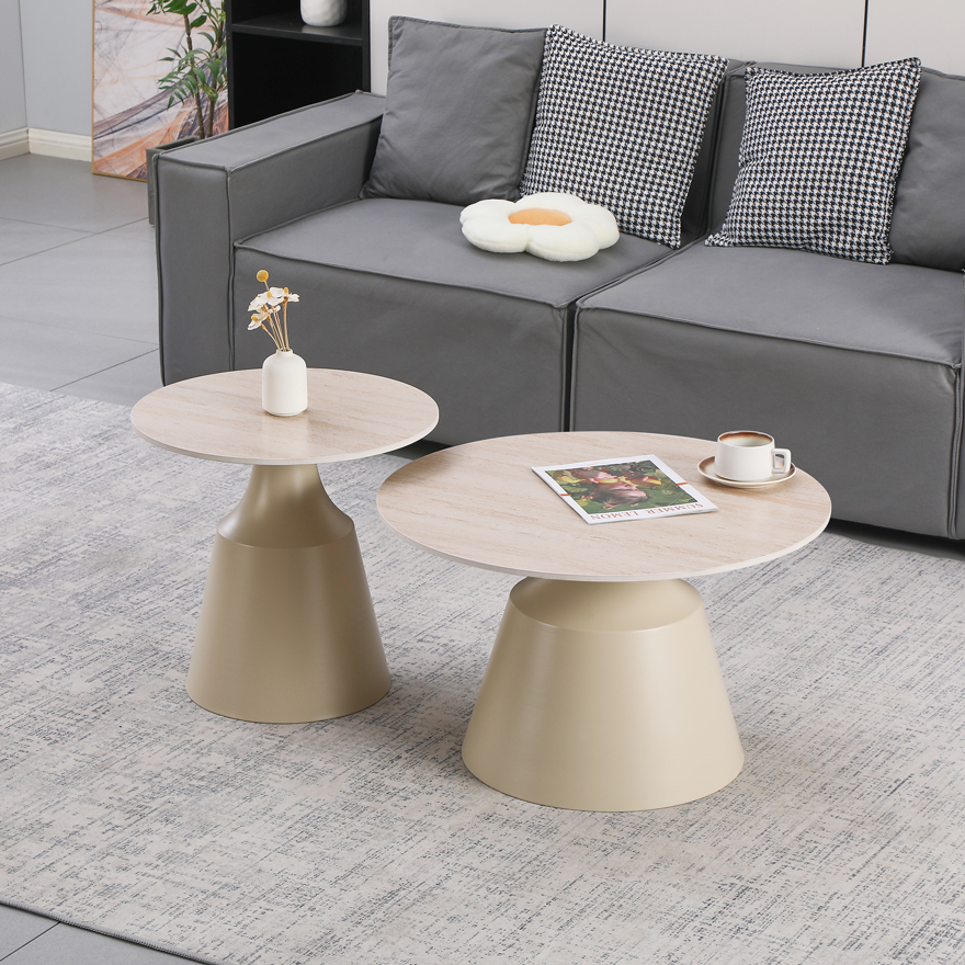 278-000048 Τραπέζια σαλονιού Sculpt pakoworld σετ 2τεμ μέταλλο cappuccino- sintered stone σε όψης τραβερτίνης - Image 1