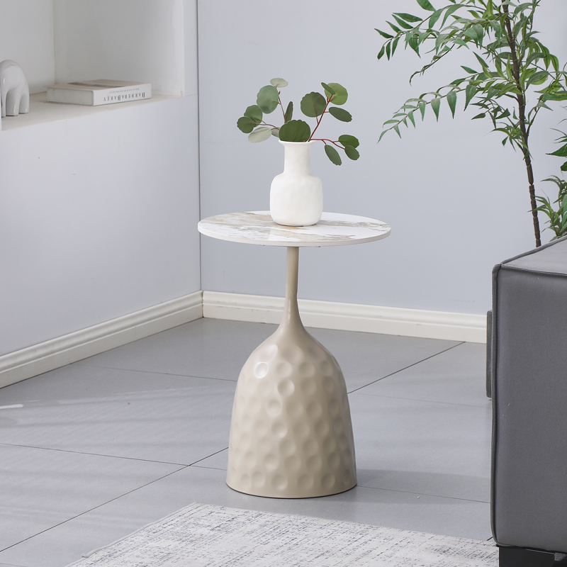 278-000060 Βοηθητικό τραπέζι Amphora pakoworld μέταλλο cappuccino- τραβερτίνα με όψη μαρμάρου Φ40x60εκ - Image 1