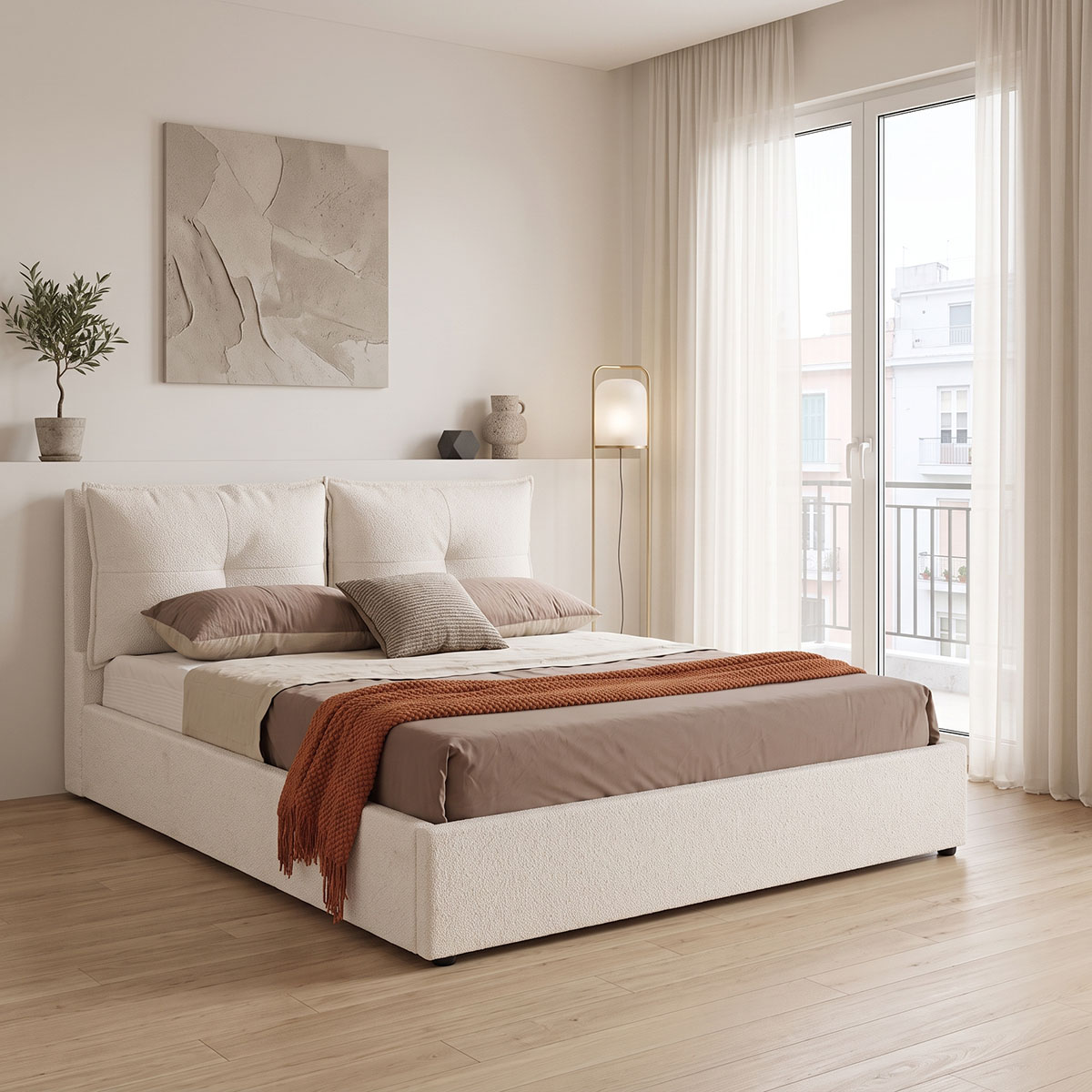 279-000025 Κρεβάτι διπλό Dorma pakoworld με αποθηκευτικό χώρο εκρού ύφασμα 160x200εκ - Image 1