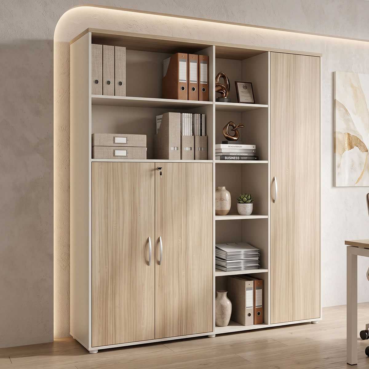 367-000033 Βιβλιοθήκη γραφείου Stark pakoworld σε oak-μπεζ απόχρωση 160x40x200εκ - Image 1