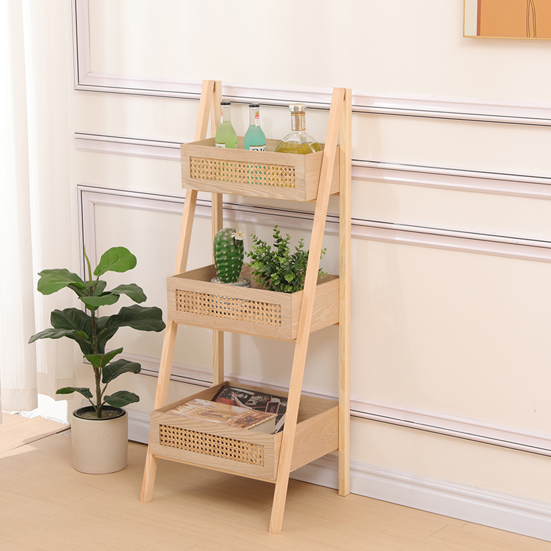 370-000040 Ραφιέρα επιδαπέδια 3όροφη Scandy pakoworld mdf-rattan σε φυσική απόχρωση 44x37x110εκ - Image 1