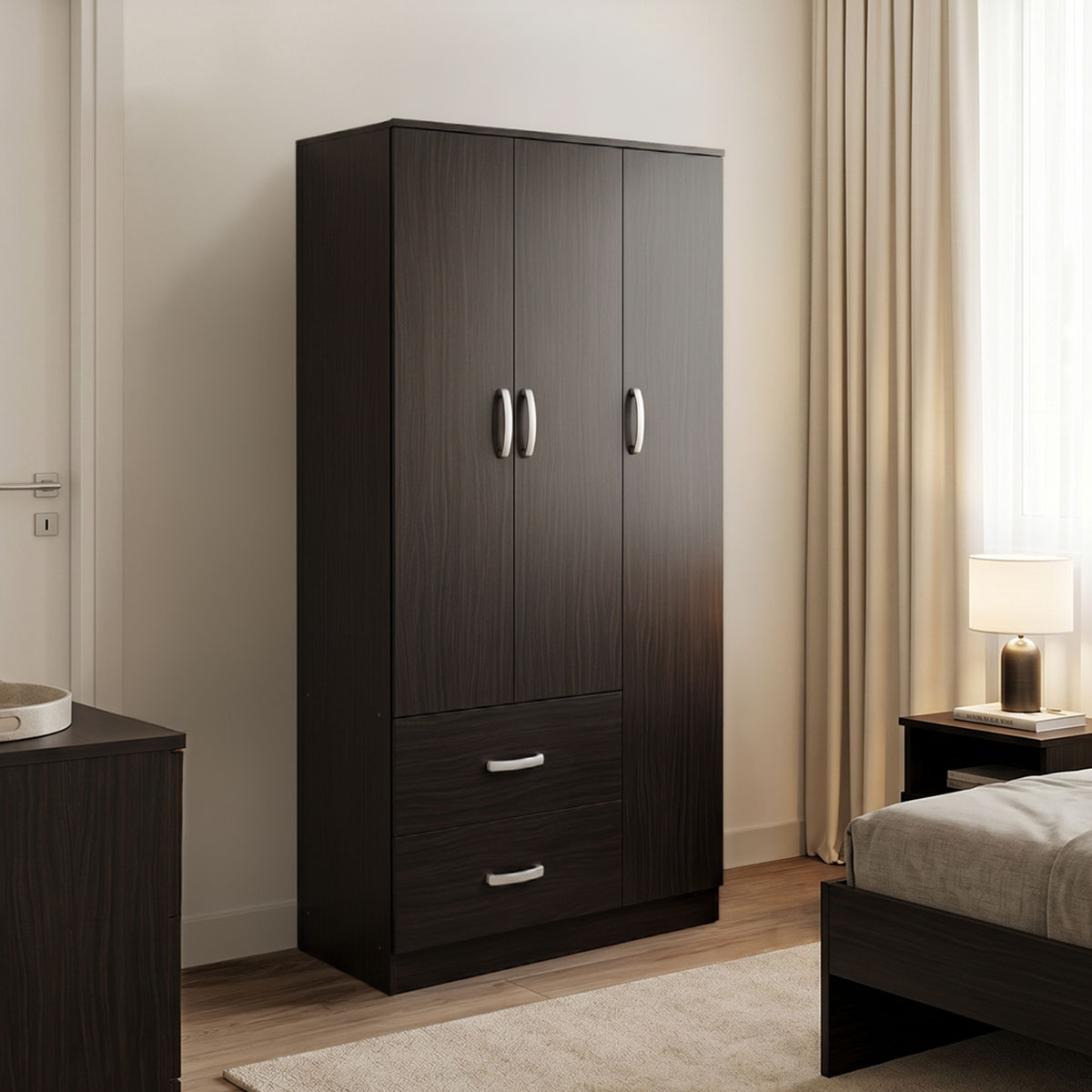 383-000039 Ντουλάπα τρίφυλλη με 2 συρτάρια Athos pakoworld σε wenge απόχρωση 90x42x180εκ - Image 1