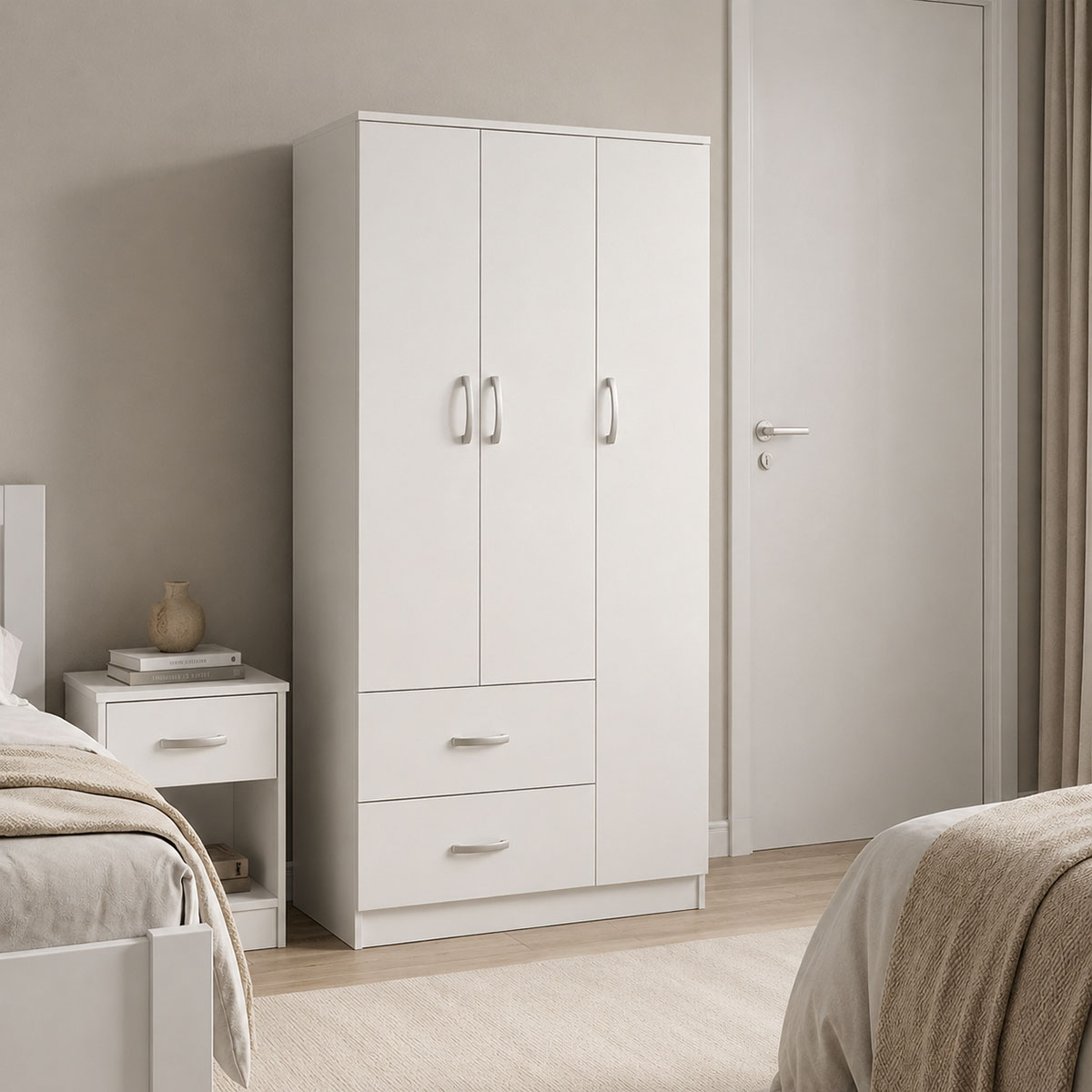 383-000040 Ντουλάπα τρίφυλλη με 2 συρτάρια Athos pakoworld σε λευκή απόχρωση 90x42x180εκ - Image 1