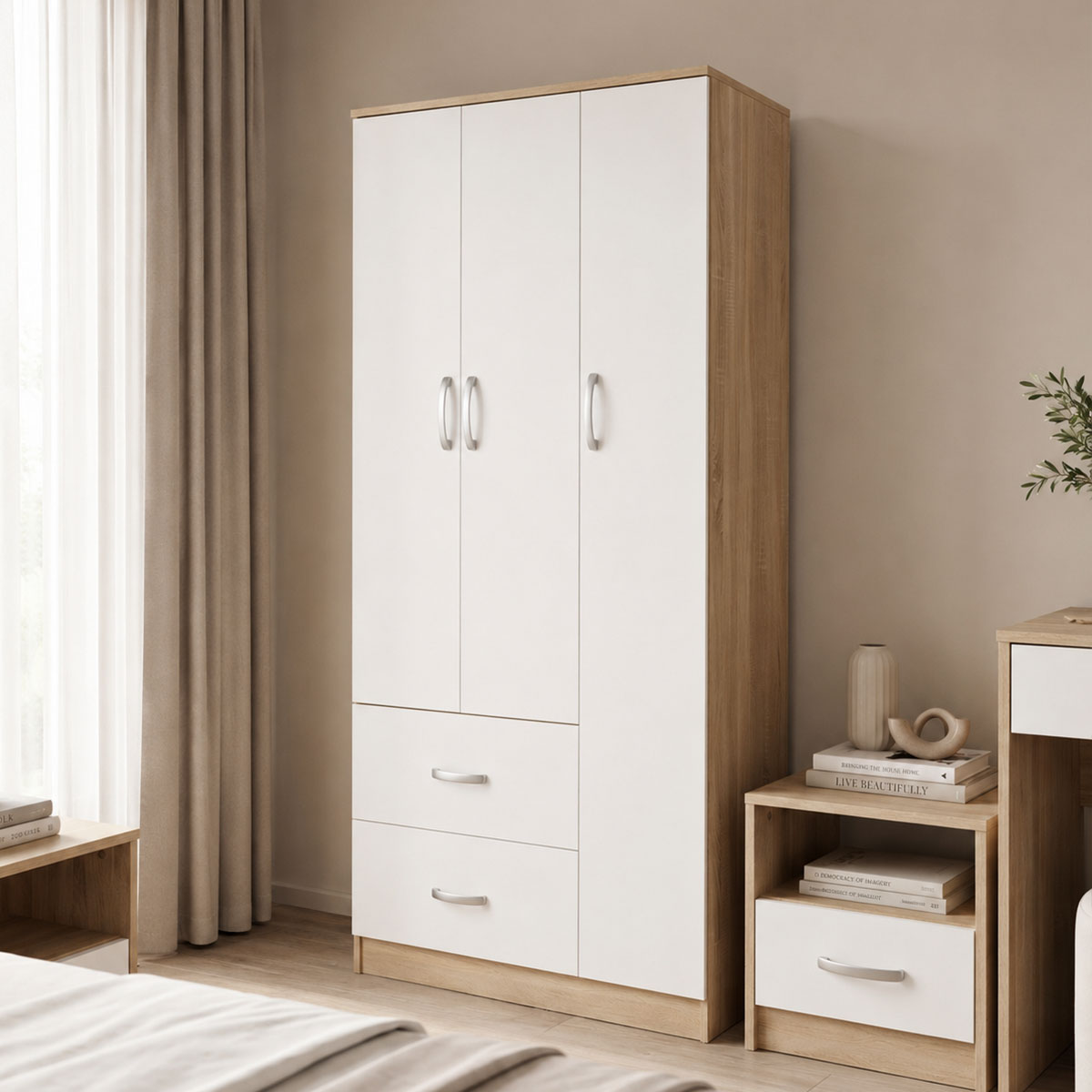 383-000042 Ντουλάπα τρίφυλλη με 2 συρτάρια Athos pakoworld σε sonoma-λευκή απόχρωση 90x42x180εκ - Image 1