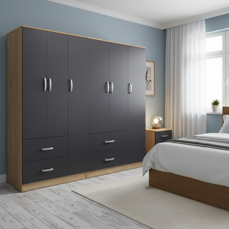 383-000244 Ντουλάπα εξάφυλλη Athos pakoworld sonoma-ανθρακί 180x42x180εκ - Image 1