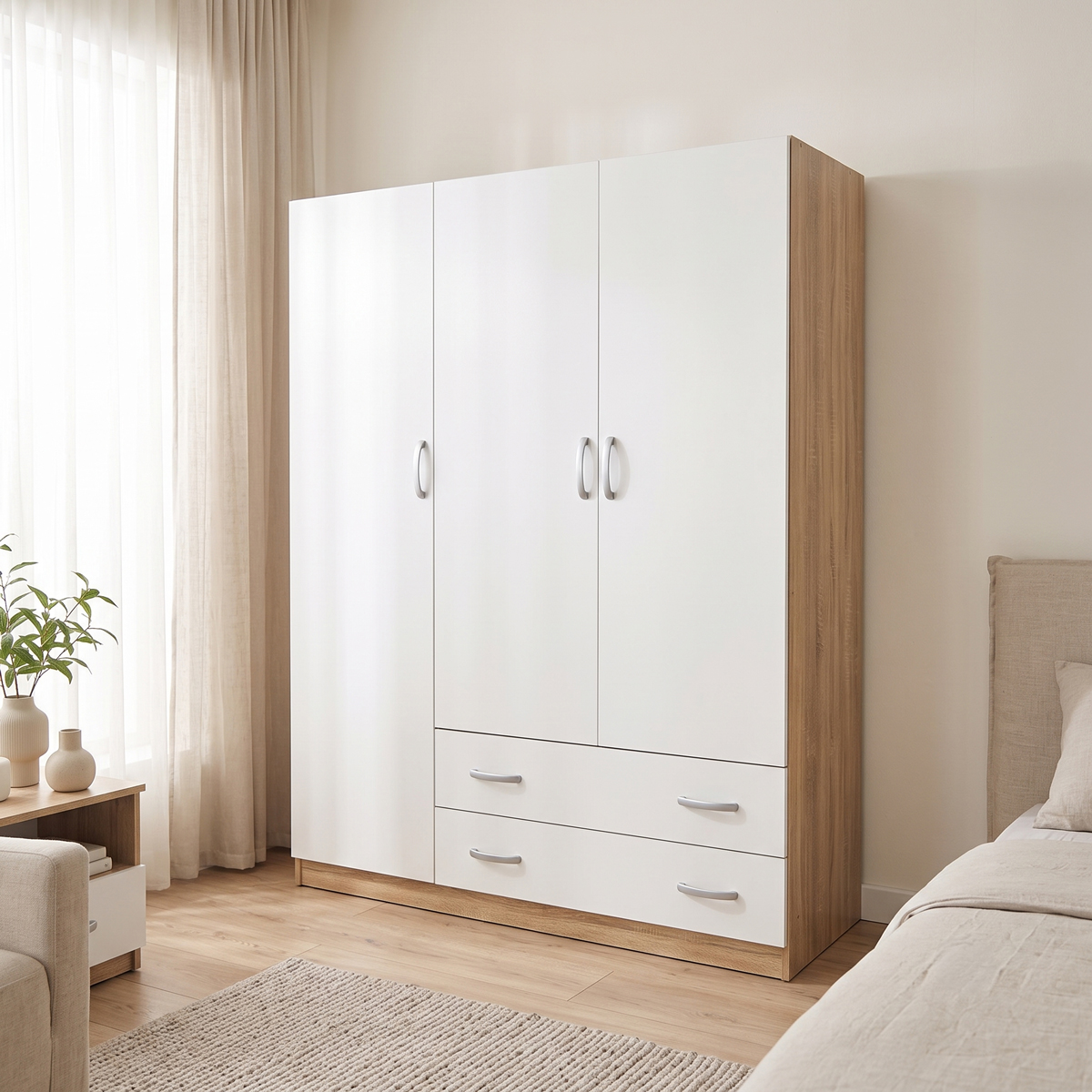 383-000320 Ντουλάπα τρίφυλλη με 2 συρτάρια Alvia pakoworld λευκό με sonoma 150x51x180εκ - Image 1