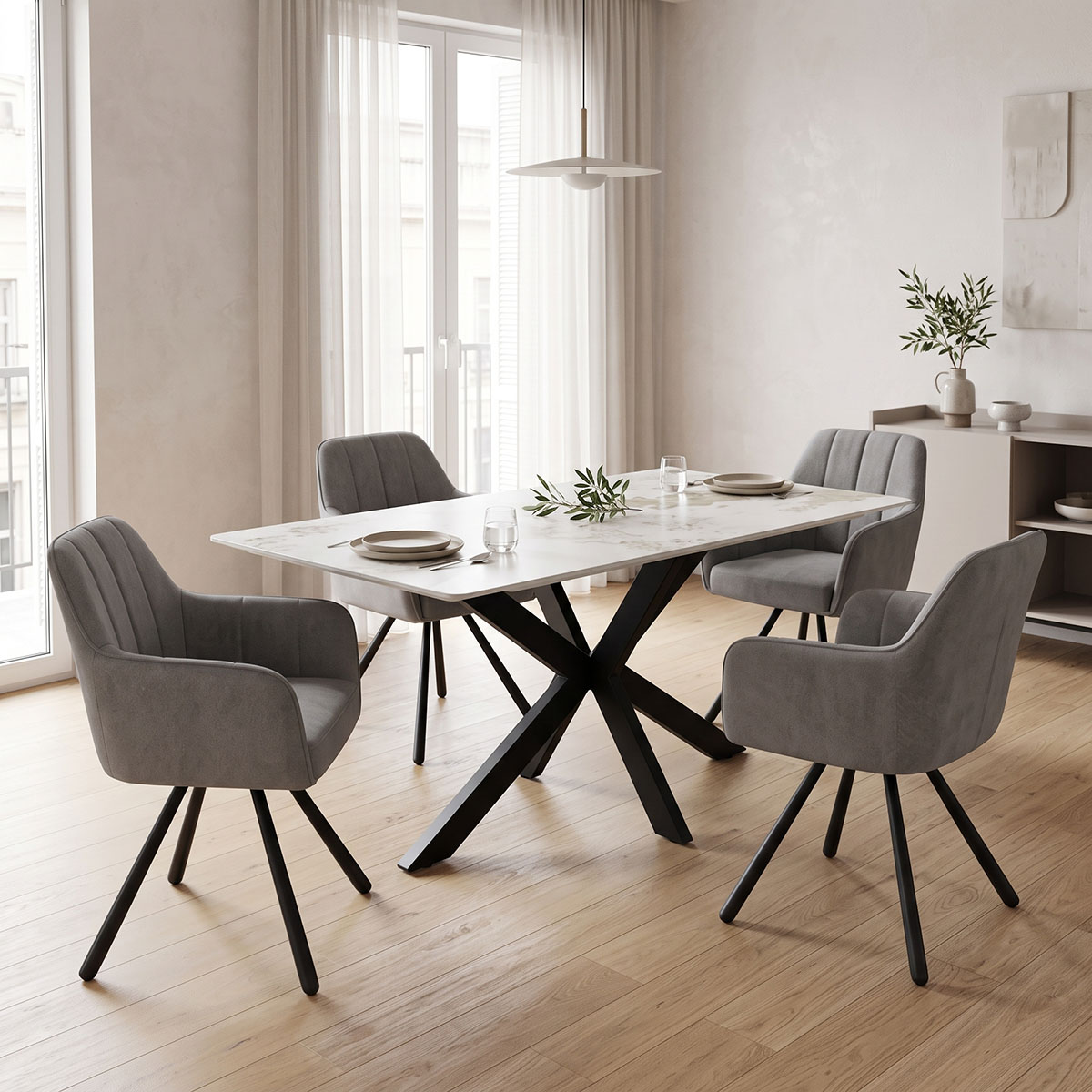390-000028 Τραπέζι Bethan pakoworld sintered stone-μέταλλο λευκό μαρμάρου-μαύρο 160x80x75εκ - Image 1