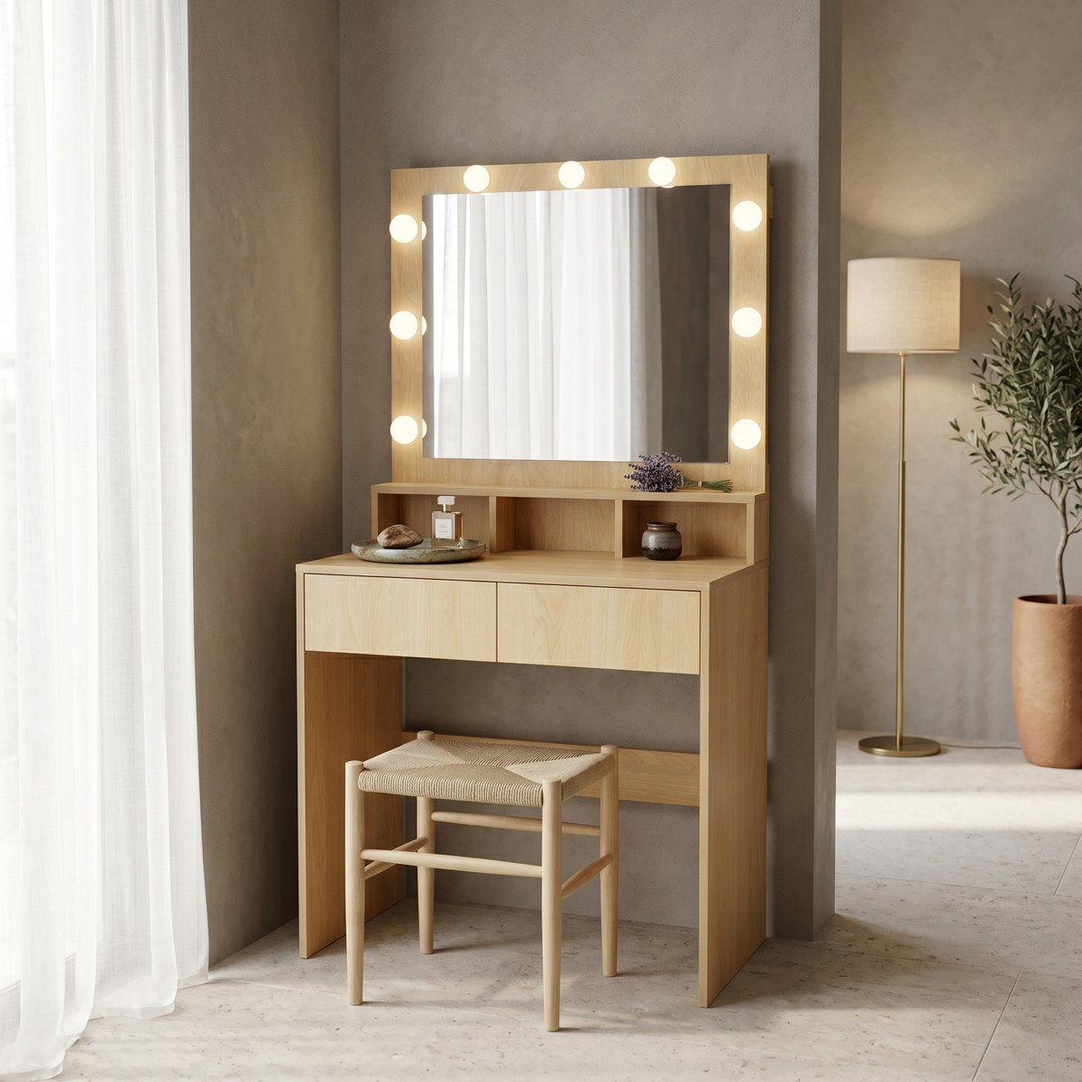 412-000002 Τουαλέτα κρεβατοκάμαρας Vanity pakoworld με led σε φυσική απόχρωση 80x40x140εκ - Image 1