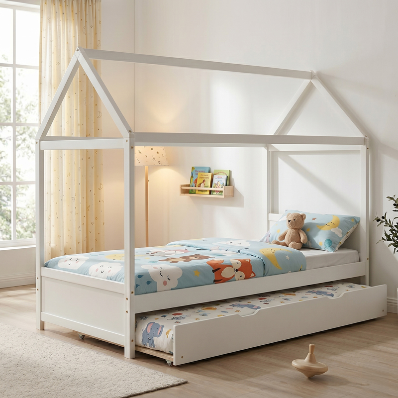 412-000013 Παιδικό κρεβάτι DreamHouse τ. Μontessori pakoworld με συρόμενο κρεβάτι ξύλο πεύκου λευκό 90x190εκ - Image 1